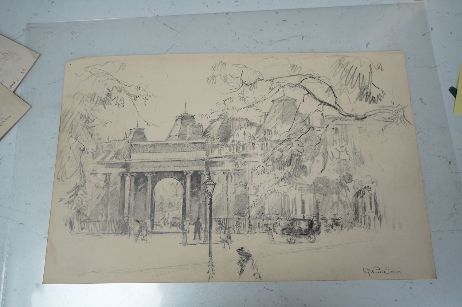 Ernest Borough Johnson (British 1867-1949), three drawings; Whiteley's Tea Rooms, Hyde Park & Hyde park Corner, inscribed, 22 x 36cm, all unmounted. Condition - some even paper discolouration otherwise good